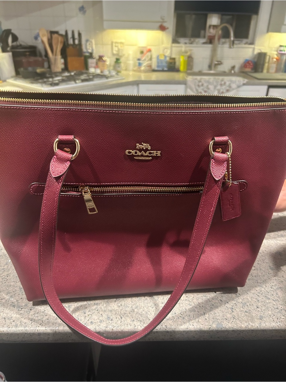 Coach Burgundy Saffiano Double-Zip Tote with Gold Hardware